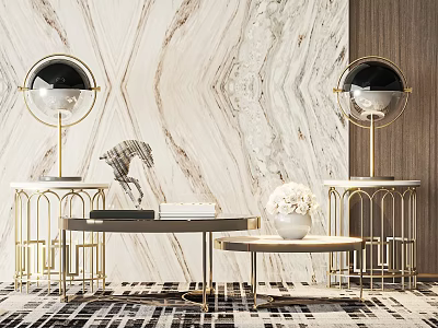 Elegant Marble Coffee Table With Gold Frame Decorative Lamps And Horse Statue 3d model