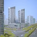 Modern High Rise Office Building With Glass Facade In Urban Plaza And Pedestrians