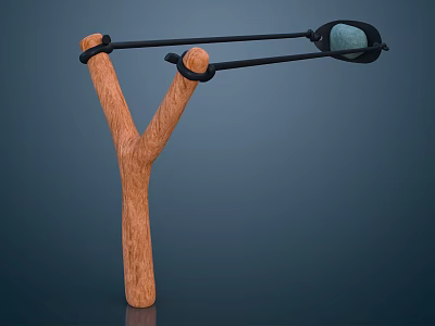 Wooden Slingshot With Y Shaped Frame Black Rubber Bands And Projectile 3d model