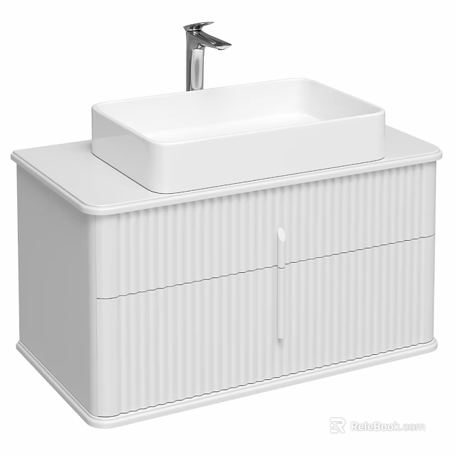Modern White Washbasin Vanity Unit With Square Basin And Striped Cabinet 3d model 