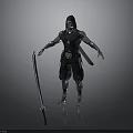 3D Model Of Hooded Warrior With Green Eyes Black Outfit And Long Sword