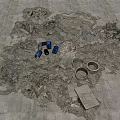 Scattered Stone Wood Debris Fragments With Metal Pipes And Earthen Pots