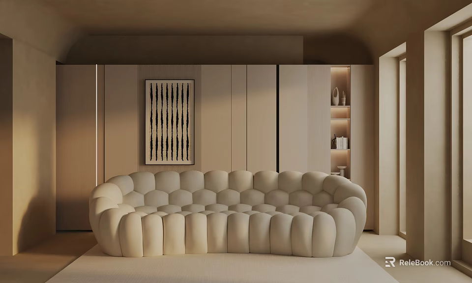Beige Three Seater Sofa With Round Padded Design In Modern Living Room 3d model 