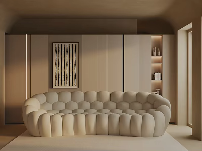 Beige Three Seater Sofa With Round Padded Design In Modern Living Room 3d model