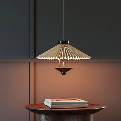 Modern Folded Pendant Light With Pleated Shade Hanging Over Table With Stacked Books 3d model