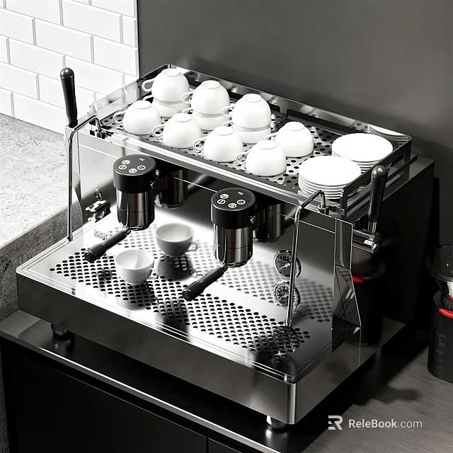 Professional Stainless Steel Kitchen Coffee Machine With Cups And Brewing Trays 3d model 