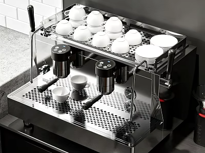 Professional Stainless Steel Kitchen Coffee Machine With Cups And Brewing Trays 3d model
