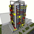 Modern Multistory Building With Colorful Yellow Red Black White Facade And Urban Road Greenery