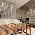Modern Hotel Public Lounge Area With Wooden Slat Partition Natural Light And Comfortable Seating