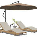 Wooden Lounge Chairs With White Cushions Under Beige Sunshade Umbrella And Table With Green Plant