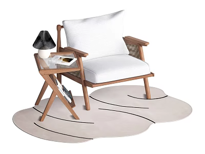 Elegant Wooden Accent Chair with White Cushion Side Table Lamp and Wavy Line Rug 3d model