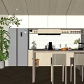 Modern Open Kitchen With Wooden Ceiling White Cabinets Island Counter Fruits Plants And Chairs