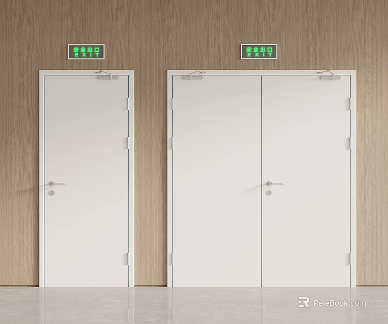 White Doors With Green Exit Signs On Wooden Wall Interior Design 3d model 