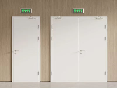 White Doors With Green Exit Signs On Wooden Wall Interior Design 3d model