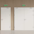 White Doors With Green Exit Signs On Wooden Wall Interior Design