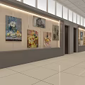 Modern Elevator Hallway with Artworks on Walls White Tiled Floor and Ceiling Lights