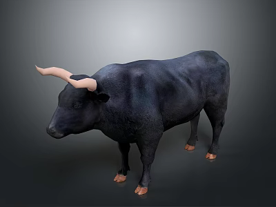 Black Bull with Light Colored Horns and Brown Hooves on Gray Background 3d model