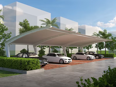 Modern Parking Canopy Covering Multiple Cars in Parking Lot With Green Surroundings 3d model