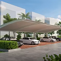Modern Parking Canopy Covering Multiple Cars in Parking Lot With Green Surroundings