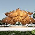 Modern Geometric Wooden Pavilion With Angular Roof Structure Surrounded By Trees And Green Grass
