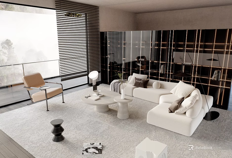 Modern White Sofa and Coffee Table Set with Throw Pillows on Rug by Floor-to-Ceiling Windows 3d model 