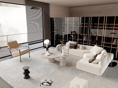 Modern White Sofa and Coffee Table Set with Throw Pillows on Rug by Floor-to-Ceiling Windows 3d model