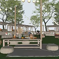 Outdoor Market Setup On Green Lawn With Canopies Booths String Lights And Fire Pit