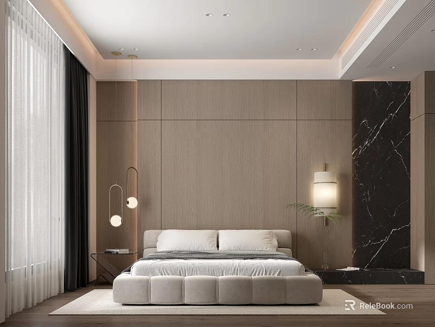 Modern Bedroom Interior Design With Wooden Wall Panel Marble Accent And Pendant Lights 3d model 