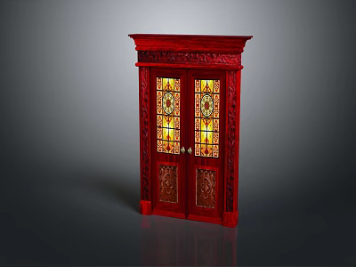 Red Double Door Furniture with Stained Glass Panels and Intricate Carved Details 3d model