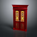 Red Double Door Furniture with Stained Glass Panels and Intricate Carved Details