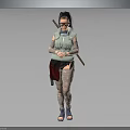 Ninja Style Character With Black Long Hair Green Vest Arm Bandages And Long Staff