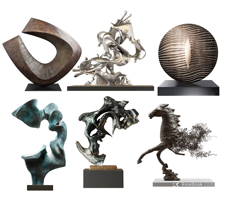 Various Artistic Sculptures And Carvings Featuring Abstract Designs Horse Statue And Metal Art 3d model 