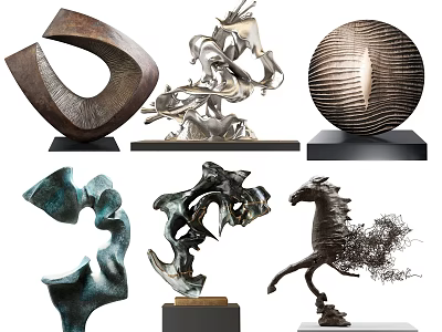 Various Artistic Sculptures And Carvings Featuring Abstract Designs Horse Statue And Metal Art 3d model