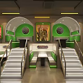 Modern Restaurant Interior With Green Orange Decor Neon Sign Staircases And Seating Booths