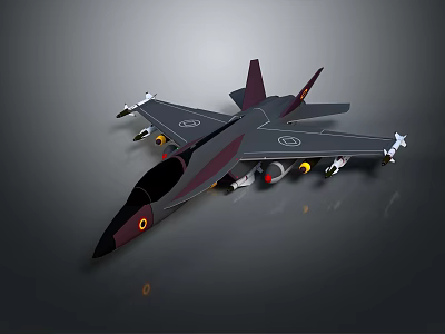 3D Model of Sleek Fighter Jet With Dark Purple Accents Mounted Weapons and Tail Fins 3d model