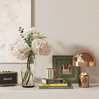Stylish Decorative Ornament Set With White Hydrangeas Glass Vase Copper Lamp Green Frame And Books 3d model