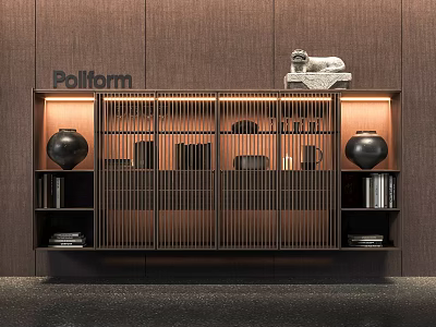 Elegant Modern Sideboard With Slatted Doors Lion Sculpture Black Vases Books Wooden Wall 3d model