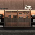 Elegant Modern Sideboard With Slatted Doors Lion Sculpture Black Vases Books Wooden Wall