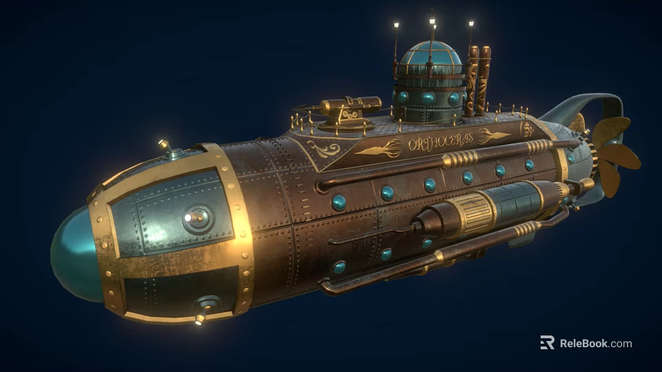 Vintage Steampunk Submarine With Metallic Exterior Brass Details Round Portholes And Conning Tower 3d model 