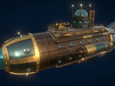 Vintage Steampunk Submarine With Metallic Exterior Brass Details Round Portholes And Conning Tower 3d model