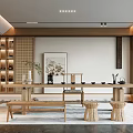 Traditional Tea Room Interior Design With Wooden Long Table Tea Sets Bench And Hanging Painting