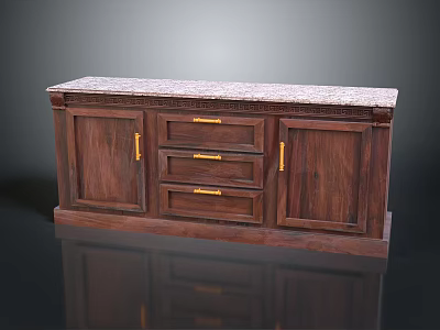 Dark Wood Entryway Console Cabinet With Marble Top Drawers Doors And Golden Handles 3d model