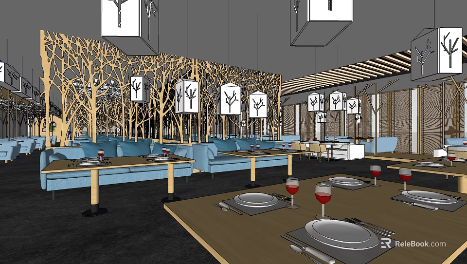 Stylish Restaurant Interior With Wooden Tree Decor Blue Sofas And Pendant Lights 3d model 