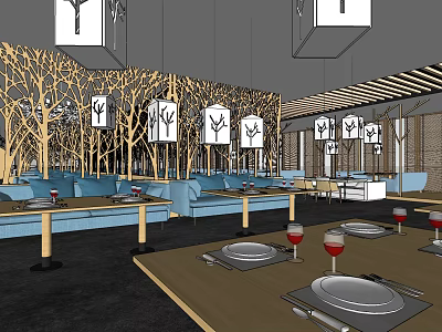 Stylish Restaurant Interior With Wooden Tree Decor Blue Sofas And Pendant Lights 3d model