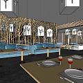 Stylish Restaurant Interior With Wooden Tree Decor Blue Sofas And Pendant Lights 3d model