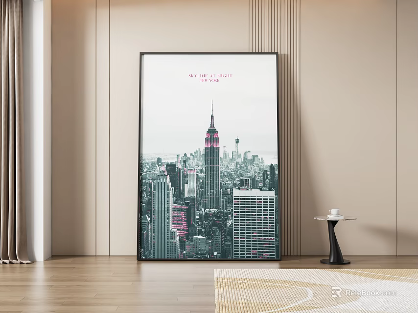 Abstract Painting of City Skyline in Modern Interior With Wooden Floor and Side Table 3d model 