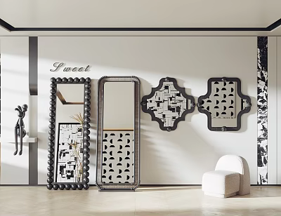 Different Designed Mirrors Hanging On Wall With Sweet Lettering White Stool And Black Sculpture Decorations 3d model