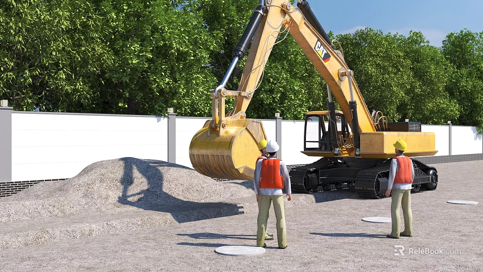 Construction Site Scene With Excavator Workers In Orange Vests And Safety Helmets Near Sand Pile 3d model 