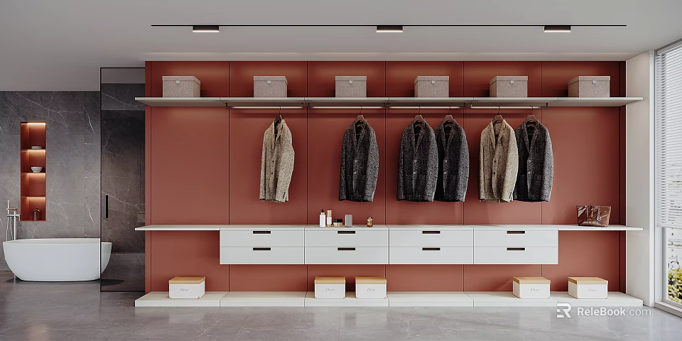 Modern Walk in Closet Interior With Red Wall Hanging Coats And White Drawer Cabinets 3d model 