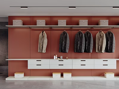 Modern Walk in Closet Interior With Red Wall Hanging Coats And White Drawer Cabinets 3d model